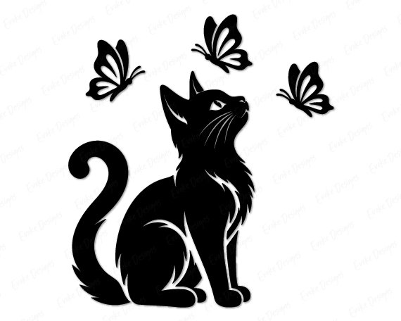 Cat with Butterflies Black silhouette image of a cat with butterflies looking upward. The playful kitten sits in profile, its head tilted up toward three detailed butterflies hovering in the air above it. This minimalist design features clean outlines highlighting the fur, whiskers and wings. Ideal as an SVG, PNG, or vector cut file for various digital and physical projects.