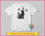 Black silhouette image of a cat with butterflies looking upward. The playful kitten sits in profile, its head tilted up toward three detailed butterflies hovering in the air above it. This minimalist design features clean outlines highlighting the fur, whiskers and wings. Ideal as an SVG, PNG, or vector cut file for various digital and physical projects.