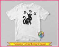 Black silhouette image of a cat with butterflies looking upward. The playful kitten sits in profile, its head tilted up toward three detailed butterflies hovering in the air above it. This minimalist design features clean outlines highlighting the fur, whiskers and wings. Ideal as an SVG, PNG, or vector cut file for various digital and physical projects.
