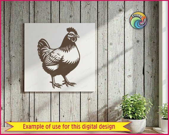Black silhouette image of a chicken standing in full profile with detailed layered feathers, a pointed comb, wattle, and long sweeping tail. This backyard chicken design shows fine feather texture and scaled legs in a minimalist outline style. The farmhouse hen clipart is a vector cut file with transparent background, ideal as a digital svg or png graphic.