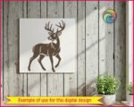 Black silhouette image of a deer shown as a standing woodland deer with its head turned to the side and tall branching antlers rising above. This forest buck with antlers has detailed fur shading along the neck and body, a calm watchful eye, and sturdy legs mid step. The design is a minimalist outline style vector cut file, ideal as svg or png clipart with a transparent background for digital and print use.
