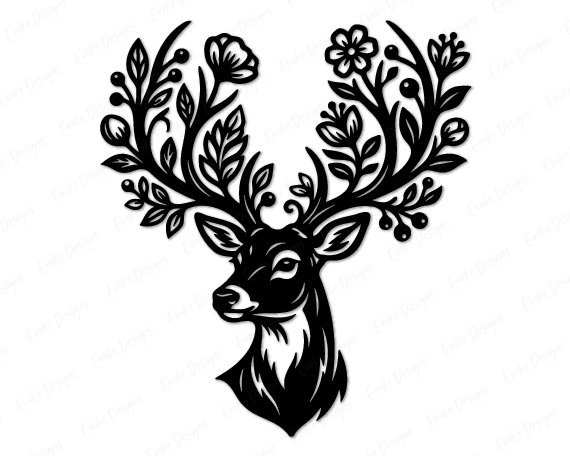 Black silhouette image of a deer head facing forward and slightly to the side. This wildflower woodland animal features detailed floral antlers decorated with blooming flowers, leaves, and berries growing from its head. The clean black outline of the deer with flower antlers stands out clearly on a transparent background. Perfect vector cut file with sharp lines depicting the rustic style of the forest stag and its unique floral antlers.