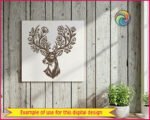 Black silhouette image of a deer head facing forward and slightly to the side. This wildflower woodland animal features detailed floral antlers decorated with blooming flowers, leaves, and berries growing from its head. The clean black outline of the deer with flower antlers stands out clearly on a transparent background. Perfect vector cut file with sharp lines depicting the rustic style of the forest stag and its unique floral antlers.