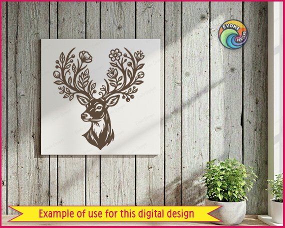 Black silhouette image of a deer head facing forward and slightly to the side. This wildflower woodland animal features detailed floral antlers decorated with blooming flowers, leaves, and berries growing from its head. The clean black outline of the deer with flower antlers stands out clearly on a transparent background. Perfect vector cut file with sharp lines depicting the rustic style of the forest stag and its unique floral antlers.