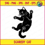 Black silhouette image of a scaredy cat caught mid-jump. This startled cat is shown from below, looking down with wide eyes and whiskers fanned out. It has four splayed paws, showing a cute kitty with toes beans out. The design is a clean vector outline with a solid black fill and transparent cutouts for the eyes, ears, and paws, creating a funny, expressive shape that works as a digital cut file.