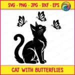 Black silhouette image of a cat with butterflies looking upward. The playful kitten sits in profile, its head tilted up toward three detailed butterflies hovering in the air above it. This minimalist design features clean outlines highlighting the fur, whiskers and wings. Ideal as an SVG, PNG, or vector cut file for various digital and physical projects.