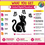 Black silhouette image of a cat with butterflies looking upward. The playful kitten sits in profile, its head tilted up toward three detailed butterflies hovering in the air above it. This minimalist design features clean outlines highlighting the fur, whiskers and wings. Ideal as an SVG, PNG, or vector cut file for various digital and physical projects.
