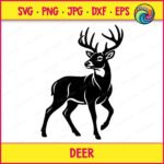 Black silhouette image of a deer shown as a standing woodland deer with its head turned to the side and tall branching antlers rising above. This forest buck with antlers has detailed fur shading along the neck and body, a calm watchful eye, and sturdy legs mid step. The design is a minimalist outline style vector cut file, ideal as svg or png clipart with a transparent background for digital and print use.