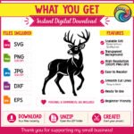 Black silhouette image of a deer shown as a standing woodland deer with its head turned to the side and tall branching antlers rising above. This forest buck with antlers has detailed fur shading along the neck and body, a calm watchful eye, and sturdy legs mid step. The design is a minimalist outline style vector cut file, ideal as svg or png clipart with a transparent background for digital and print use.