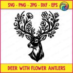 Black silhouette image of a deer head facing forward and slightly to the side. This wildflower woodland animal features detailed floral antlers decorated with blooming flowers, leaves, and berries growing from its head. The clean black outline of the deer with flower antlers stands out clearly on a transparent background. Perfect vector cut file with sharp lines depicting the rustic style of the forest stag and its unique floral antlers.