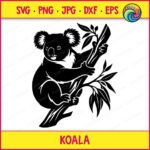 Black silhouette image of a koala clinging to a tree trunk. This native australian animal is shown in side profile, perched comfortably as a koala in branch. The design has detailed fur outlines around the large round ears, a distinct nose, and small eyes. Eucalyptus leaves sprout from the branches above and below the animal. The vector artwork uses clean solid shapes, perfect as a minimalist stencil, svg, png graphic, or digital outline file.