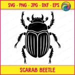 Black silhouette image of a scarab beetle shown from above with curved horns, a rounded head, textured oval wings with fine line details, and six long jointed legs spread outward in a symmetrical pose. This sacred insect bug design reflects the ancient egypt beetle symbol, presented as a minimalist outline vector clipart cut file with a transparent background, ideal for svg and png digital use.