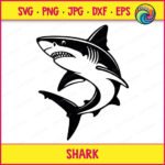 Black silhouette image of a shark svg design showing a great white shark curving through the water with its mouth open and sharp teeth showing. This ocean animal themed vector cut file has clean bold outlines, smooth fins, and a dynamic curved body pose. Digital clipart in transparent minimalist style, ready for svg cutting machines and print projects.