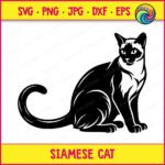 Black silhouette image of a siamese cat sitting with its tail curled around its body, ears pointed and alert, and detailed facial markings typical of a seal point siamese kitty. This pet cat portrait is shown as a minimalist outline vector cut file, perfect as svg png clipart with a transparent background, ideal for digital projects, printing, or cutting machines.