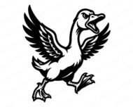 Black silhouette image of a sassy goose running with its wings spread wide and its beak wide open in an angry squawk. This funny duck vector graphic has clean outlines, showing webbed feet, feathers, and a sharp eye. This silly goose clipart is a solid black minimalist design on a transparent background, perfect as a digital cut file or high-resolution png.
