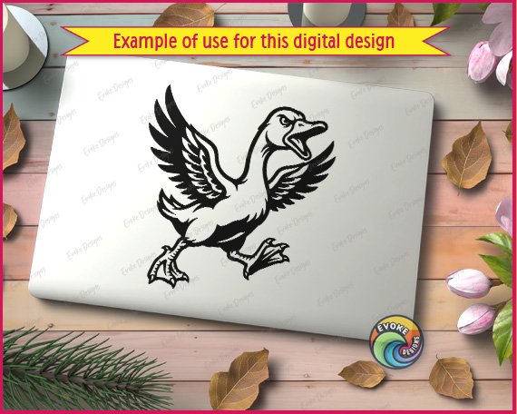 Black silhouette image of a sassy goose running with its wings spread wide and its beak wide open in an angry squawk. This funny duck vector graphic has clean outlines, showing webbed feet, feathers, and a sharp eye. This silly goose clipart is a solid black minimalist design on a transparent background, perfect as a digital cut file or high-resolution png.