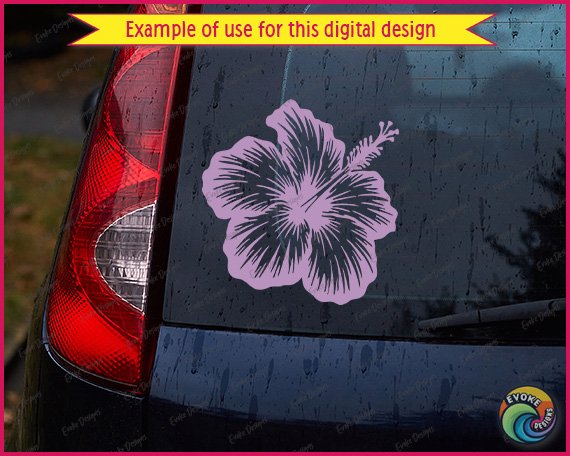 Black silhouette image of a hibiscus flower with wide open curved petals and a long curling stamen extending from the center. This tropical flower svg design has smooth clean edges in a minimalist outline style, shaped like a Hawaiian beach floral bloom. The vector cut file shows one flower on a transparent background, ideal as digital clipart for printing or cutting projects.