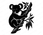 Black silhouette image of a koala clinging to a tree trunk. This native australian animal is shown in side profile, perched comfortably as a koala in branch. The design has detailed fur outlines around the large round ears, a distinct nose, and small eyes. Eucalyptus leaves sprout from the branches above and below the animal. The vector artwork uses clean solid shapes, perfect as a minimalist stencil, svg, png graphic, or digital outline file.