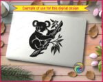 Black silhouette image of a koala clinging to a tree trunk. This native australian animal is shown in side profile, perched comfortably as a koala in branch. The design has detailed fur outlines around the large round ears, a distinct nose, and small eyes. Eucalyptus leaves sprout from the branches above and below the animal. The vector artwork uses clean solid shapes, perfect as a minimalist stencil, svg, png graphic, or digital outline file.