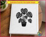 Black silhouette image of a monstera plant growing from a round pot, featuring a tropical leaf houseplant with several large split leaves branching out in different directions. This potted swiss cheese plant design has thick stems, deeply cut leaf edges, and a full layered look. The digital clipart is a minimalist vector outline style cut file, shown as a transparent background svg png suitable for cutting or printing.
