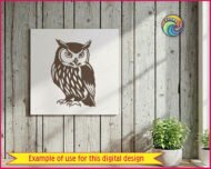 Black silhouette image of a great horned owl, a nocturnal night bird, shown facing forward with large round eyes, sharp curved beak, feathered ear tufts, and detailed layered wing and chest feathers. This owl svg design is a minimalist outline style vector clipart, ideal as a cut file, shown on a transparent background with clean bold lines and fine feather texture detail throughout the body and tail.