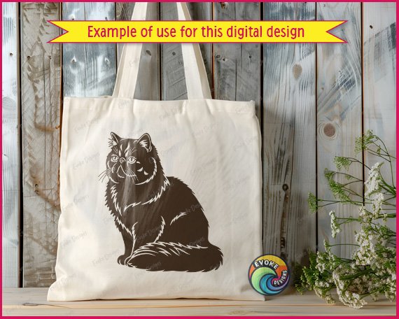 Black silhouette image of a persian cat sitting upright with long flowing fur, a round fluffy face, whiskers, and alert eyes looking to the side. This long haired exotic cat design works as a pet cat portrait in svg, png, and vector cut file formats, showing detailed fur texture lines throughout the body and tail in a clean minimalist outline style.