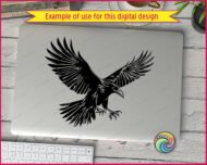 Black silhouette image of a raven svg shown in dramatic flight with wings spread wide, sharp feather details, and extended talons reaching downward. This black crow svg design captures the bird mid swoop with a fierce head turn. Perfect as a gothic bird clipart in digital, minimalist, vector, outline, or cut file format for transparent background projects.