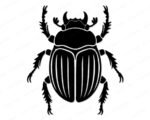Black silhouette image of a scarab beetle shown from above with curved horns, a rounded head, textured oval wings with fine line details, and six long jointed legs spread outward in a symmetrical pose. This sacred insect bug design reflects the ancient egypt beetle symbol, presented as a minimalist outline vector clipart cut file with a transparent background, ideal for svg and png digital use.