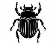 Black silhouette image of a scarab beetle shown from above with curved horns, a rounded head, textured oval wings with fine line details, and six long jointed legs spread outward in a symmetrical pose. This sacred insect bug design reflects the ancient egypt beetle symbol, presented as a minimalist outline vector clipart cut file with a transparent background, ideal for svg and png digital use.