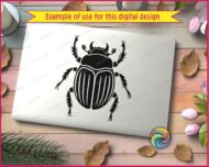 Black silhouette image of a scarab beetle shown from above with curved horns, a rounded head, textured oval wings with fine line details, and six long jointed legs spread outward in a symmetrical pose. This sacred insect bug design reflects the ancient egypt beetle symbol, presented as a minimalist outline vector clipart cut file with a transparent background, ideal for svg and png digital use.