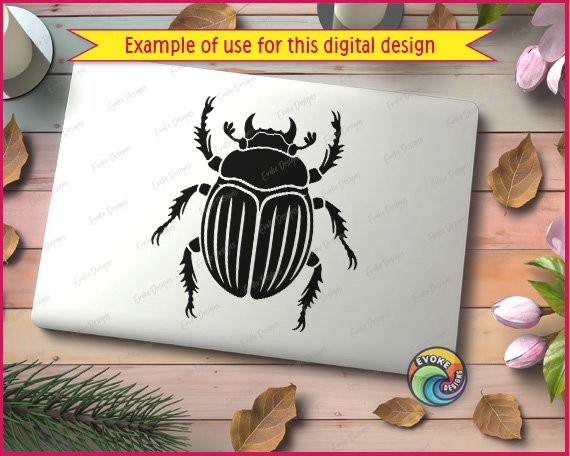 Black silhouette image of a scarab beetle shown from above with curved horns, a rounded head, textured oval wings with fine line details, and six long jointed legs spread outward in a symmetrical pose. This sacred insect bug design reflects the ancient egypt beetle symbol, presented as a minimalist outline vector clipart cut file with a transparent background, ideal for svg and png digital use.