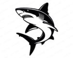 Black silhouette image of a shark svg design showing a great white shark curving through the water with its mouth open and sharp teeth showing. This ocean animal themed vector cut file has clean bold outlines, smooth fins, and a dynamic curved body pose. Digital clipart in transparent minimalist style, ready for svg cutting machines and print projects.