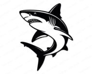 Black silhouette image of a shark svg design showing a great white shark curving through the water with its mouth open and sharp teeth showing. This ocean animal themed vector cut file has clean bold outlines, smooth fins, and a dynamic curved body pose. Digital clipart in transparent minimalist style, ready for svg cutting machines and print projects.