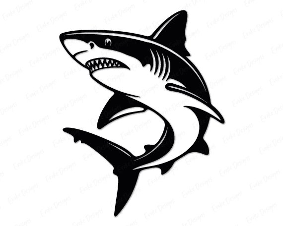 Black silhouette image of a shark svg design showing a great white shark curving through the water with its mouth open and sharp teeth showing. This ocean animal themed vector cut file has clean bold outlines, smooth fins, and a dynamic curved body pose. Digital clipart in transparent minimalist style, ready for svg cutting machines and print projects.