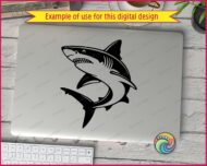 Black silhouette image of a shark svg design showing a great white shark curving through the water with its mouth open and sharp teeth showing. This ocean animal themed vector cut file has clean bold outlines, smooth fins, and a dynamic curved body pose. Digital clipart in transparent minimalist style, ready for svg cutting machines and print projects.
