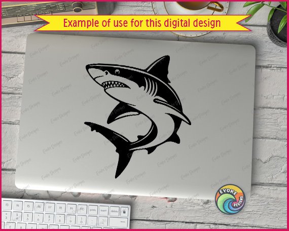 Black silhouette image of a shark svg design showing a great white shark curving through the water with its mouth open and sharp teeth showing. This ocean animal themed vector cut file has clean bold outlines, smooth fins, and a dynamic curved body pose. Digital clipart in transparent minimalist style, ready for svg cutting machines and print projects.