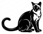 Black silhouette image of a siamese cat sitting with its tail curled around its body, ears pointed and alert, and detailed facial markings typical of a seal point siamese kitty. This pet cat portrait is shown as a minimalist outline vector cut file, perfect as svg png clipart with a transparent background, ideal for digital projects, printing, or cutting machines.
