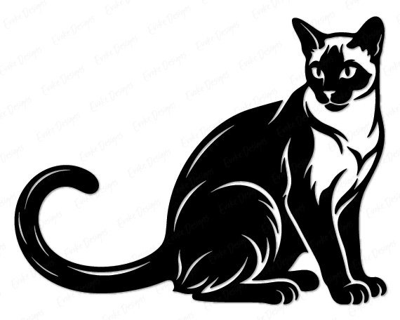 Siamese Cat Black silhouette image of a siamese cat sitting with its tail curled around its body, ears pointed and alert, and detailed facial markings typical of a seal point siamese kitty. This pet cat portrait is shown as a minimalist outline vector cut file, perfect as svg png clipart with a transparent background, ideal for digital projects, printing, or cutting machines.