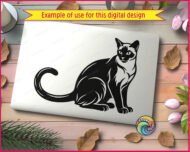 Black silhouette image of a siamese cat sitting with its tail curled around its body, ears pointed and alert, and detailed facial markings typical of a seal point siamese kitty. This pet cat portrait is shown as a minimalist outline vector cut file, perfect as svg png clipart with a transparent background, ideal for digital projects, printing, or cutting machines.