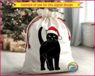 Layered colour image of a Christmas cat standing with a fluffy curled tail and a red and white santa hat on its head. This cat in santa hat design shows a black cat with yellow eyes, pink nose detail, and whiskers, outlined in clean vector lines on a transparent background. A holiday animal theme digital clipart cut file, perfect for svg and png projects, shown in black, red, and white colours with a minimalist silhouette style.